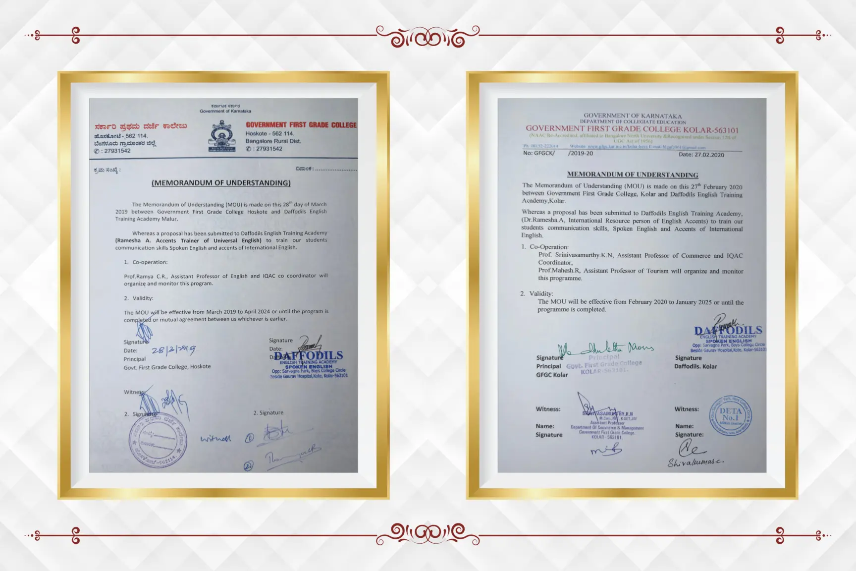 MoUs with Government First Grade College Hoskote and Government First Grade College Kolar