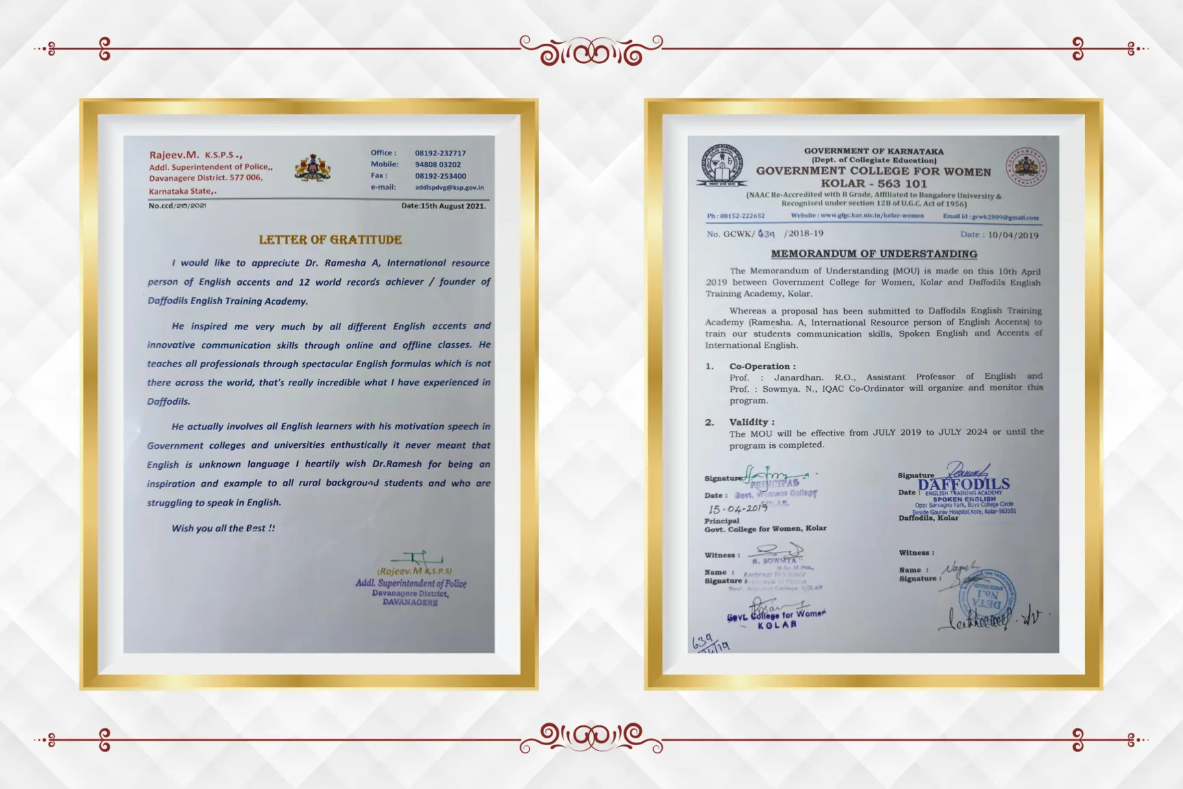 Letter of gratitude from Addl. SP Davanagere and MoU with Government College for Women, Kolar
