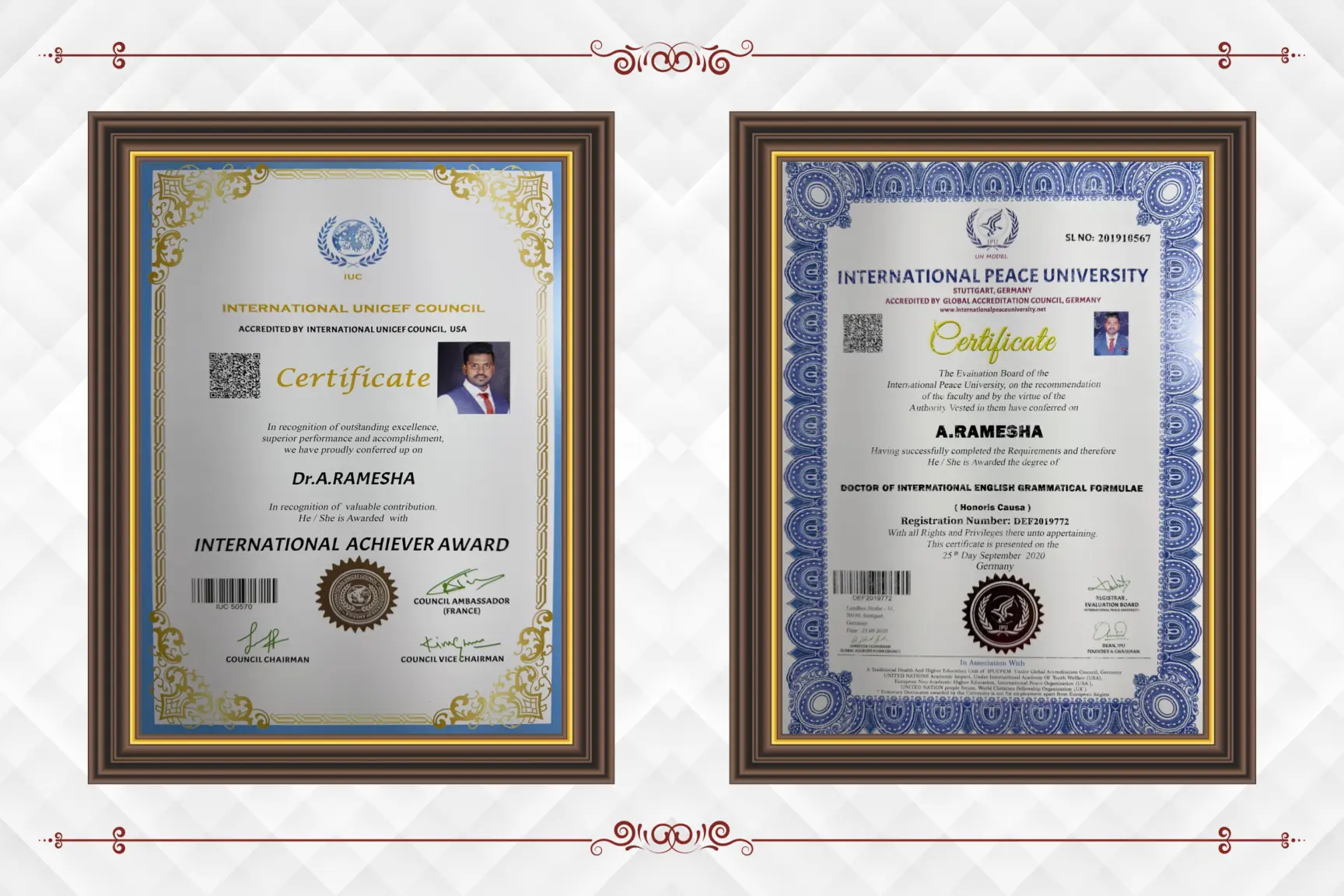 International Achiever Award and Doctor of International English Grammatical Formulae certificate