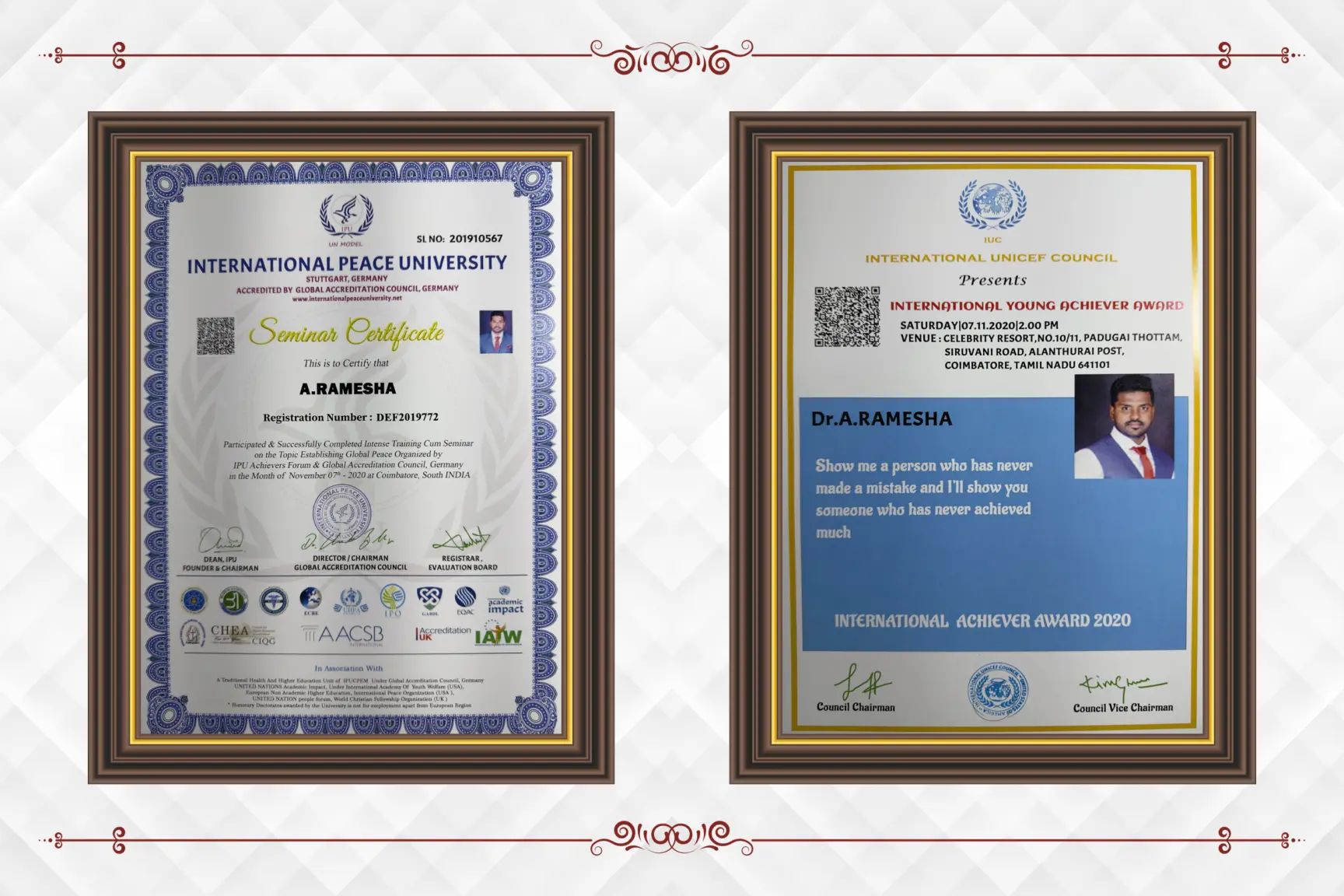 International Peace University seminar certificate and International Young Achiever Award 2020