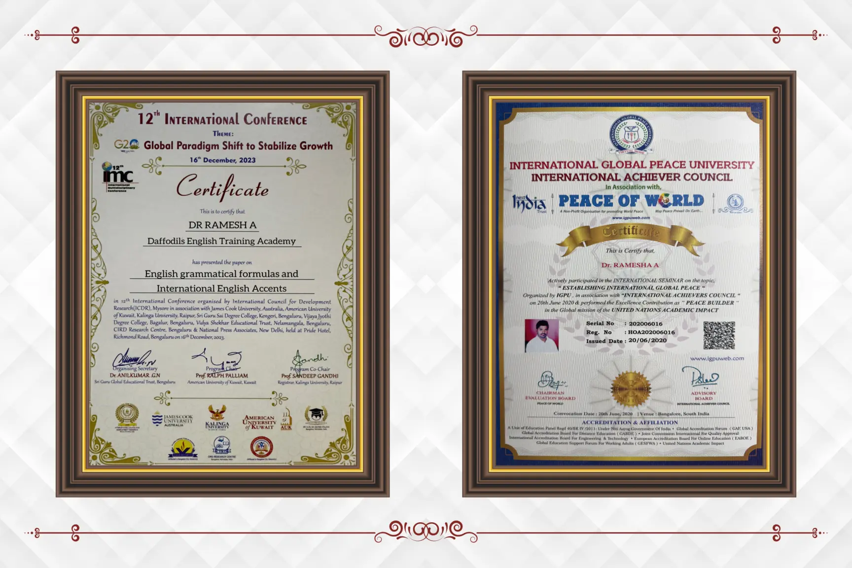 12th International Conference paper certificate and International Global Peace University certificate