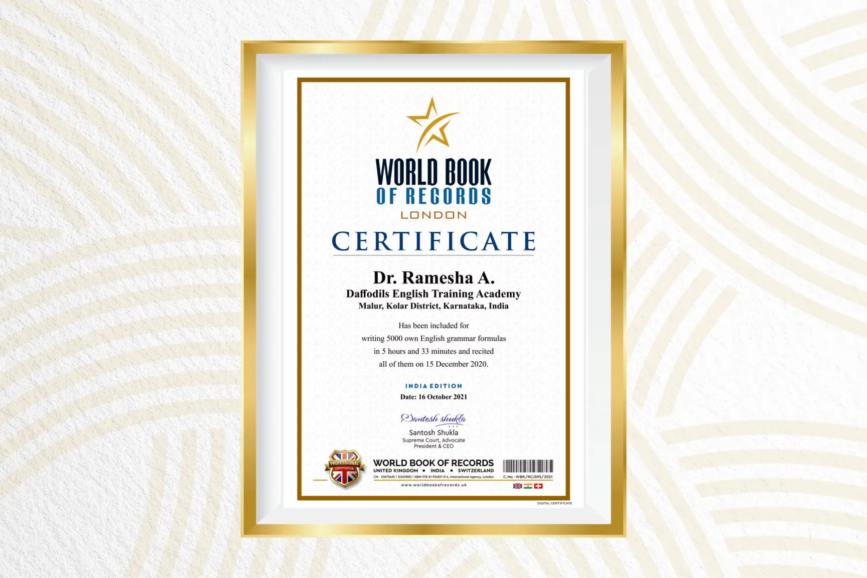 World Book of Records London certificate for 5000 English grammar formulas