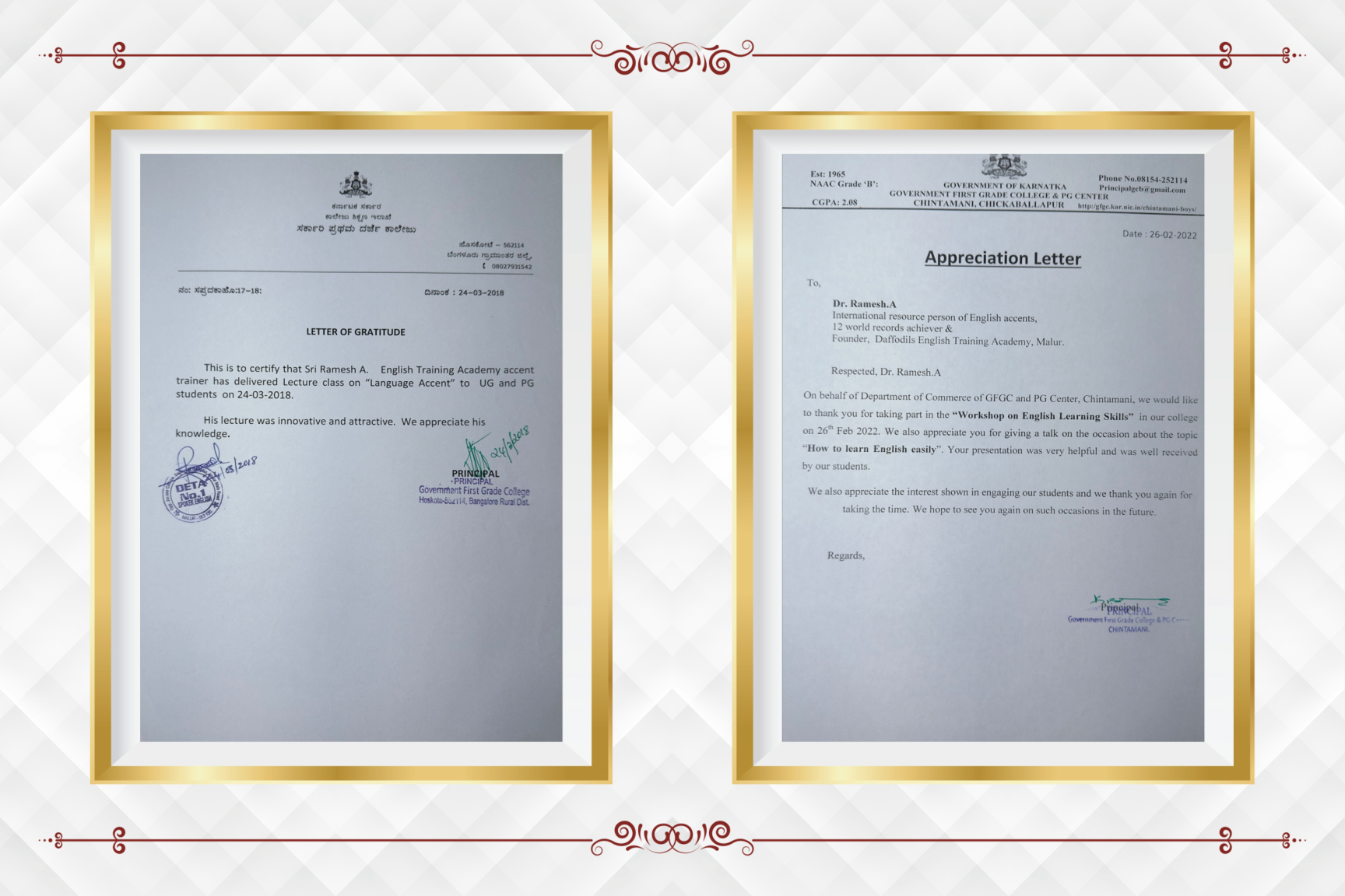 Letter of gratitude from GFGC Hoskote and appreciation letter from GFGC & PG Center Chintamani