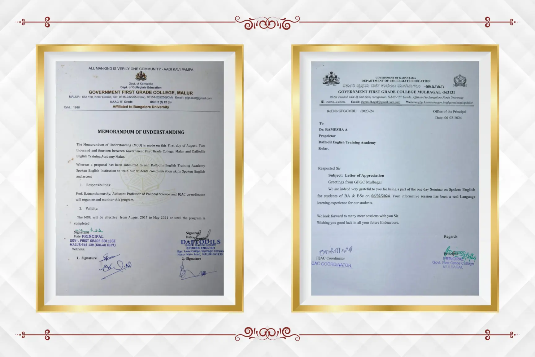 MoU with Government First Grade College Malur and appreciation from GFGC Mulbagal