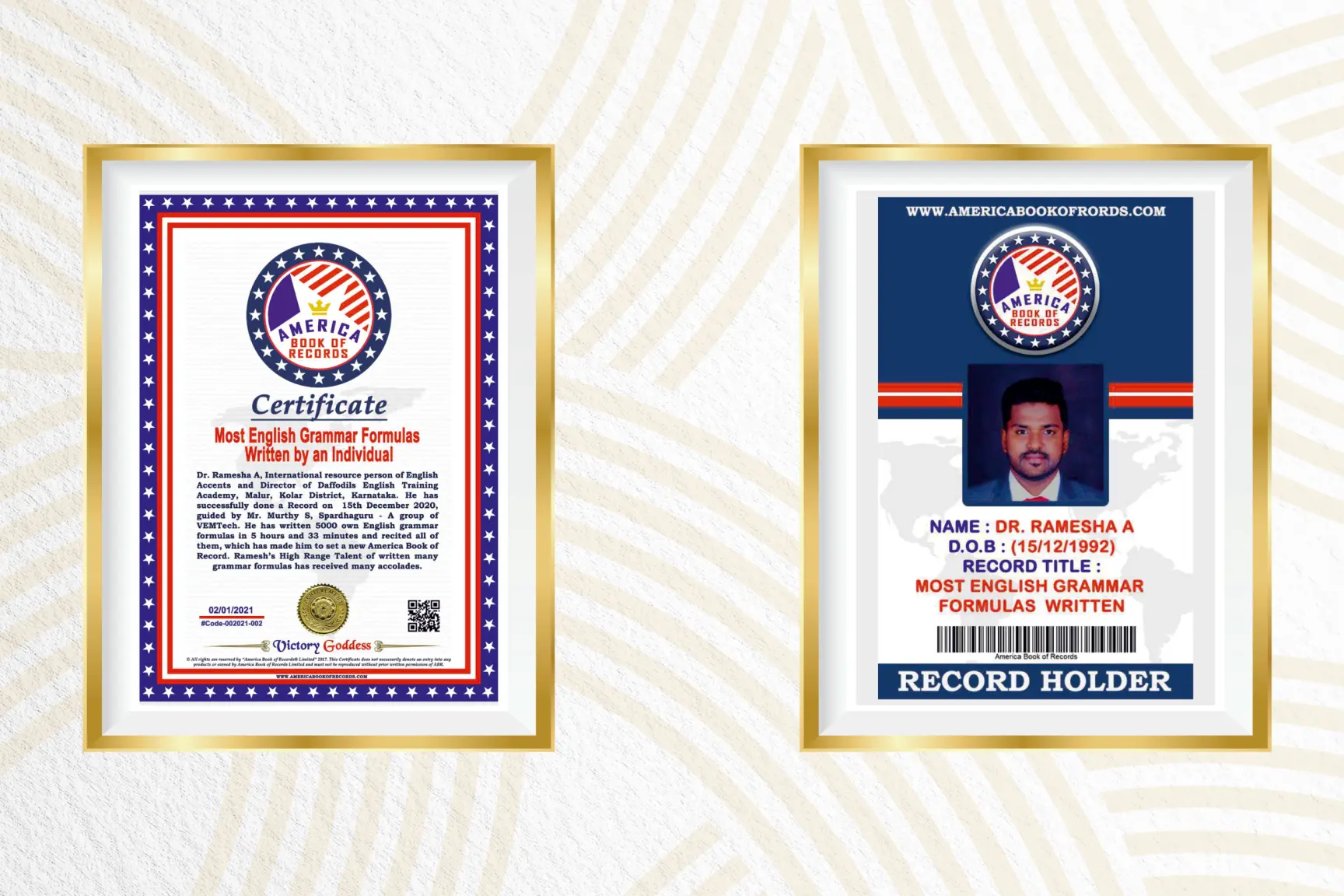 America Book of Records certificate and record holder card