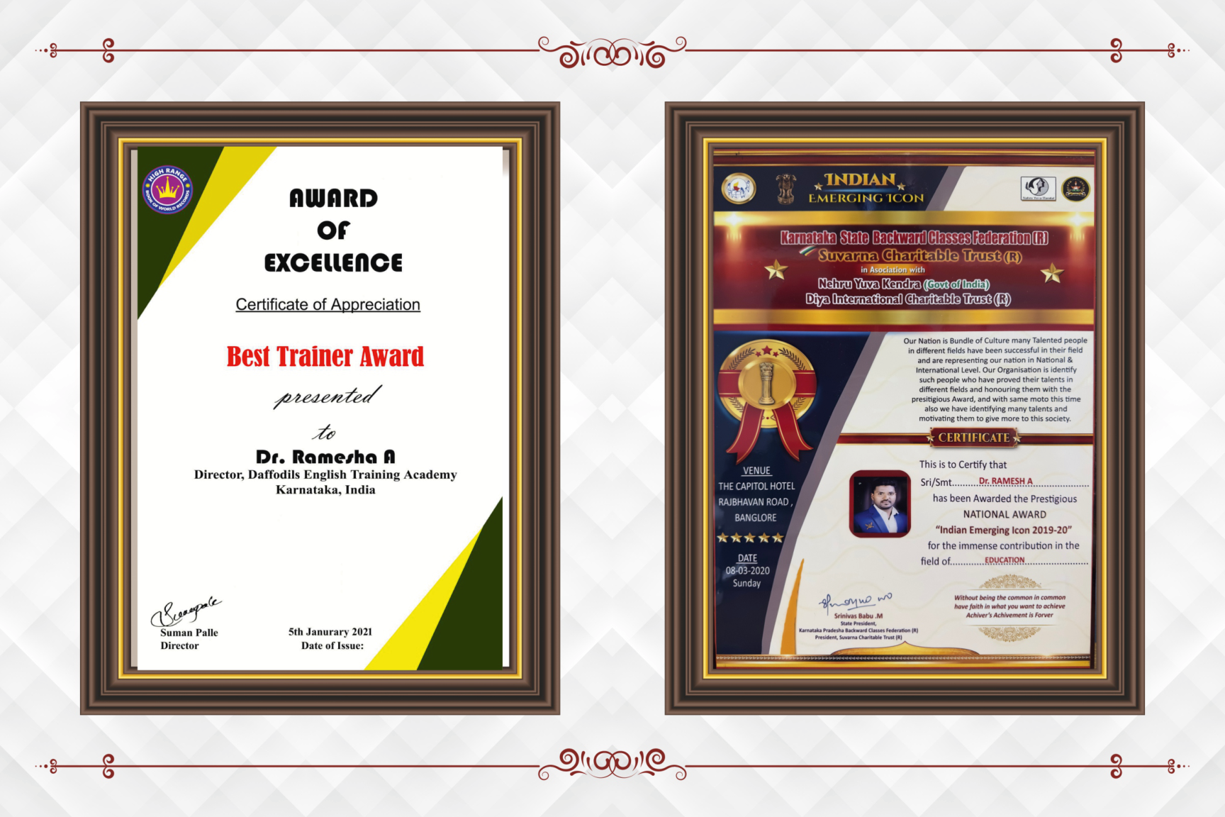 Best Trainer Award of Excellence and Indian Emerging Icon 2019-20 national award