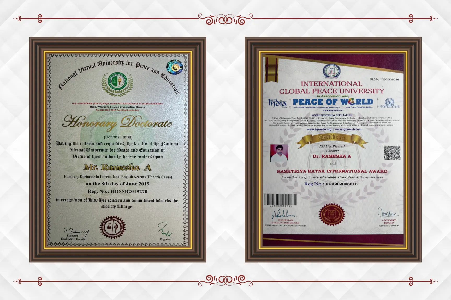 Honorary Doctorate in International English Accents and Rashtriya Ratna International Award