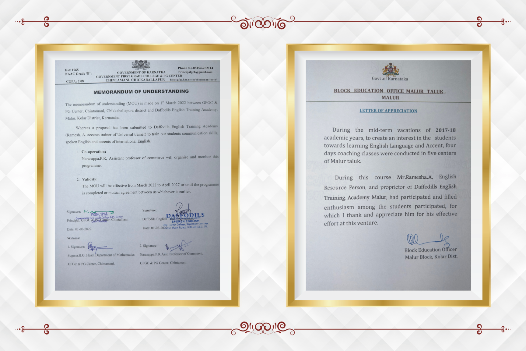 MoU with GFGC & PG Center Chintamani and appreciation from Block Education Office, Malur