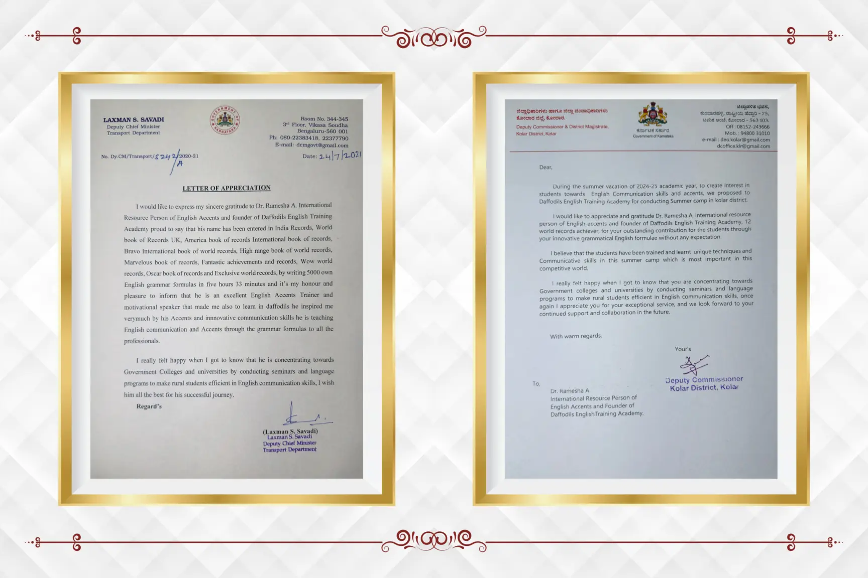 Letters of appreciation from Deputy Chief Minister Laxman Savadi and the Deputy Commissioner of Kolar