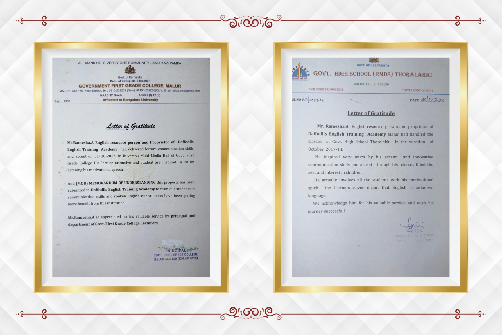 Letter of gratitude from Government First Grade College Malur and Government High School Thoralakki