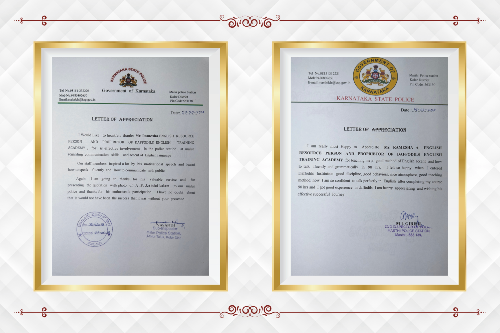 Letters of appreciation from Malur and Masthi police stations, Karnataka State Police