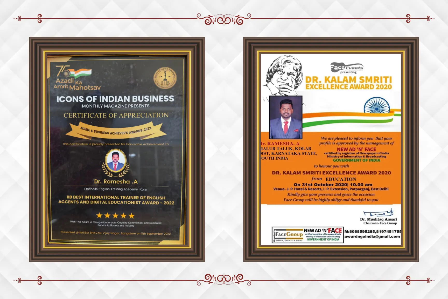 IIB Best International Trainer of English Accents 2022 and Dr. Kalam Smriti Excellence Award 2020