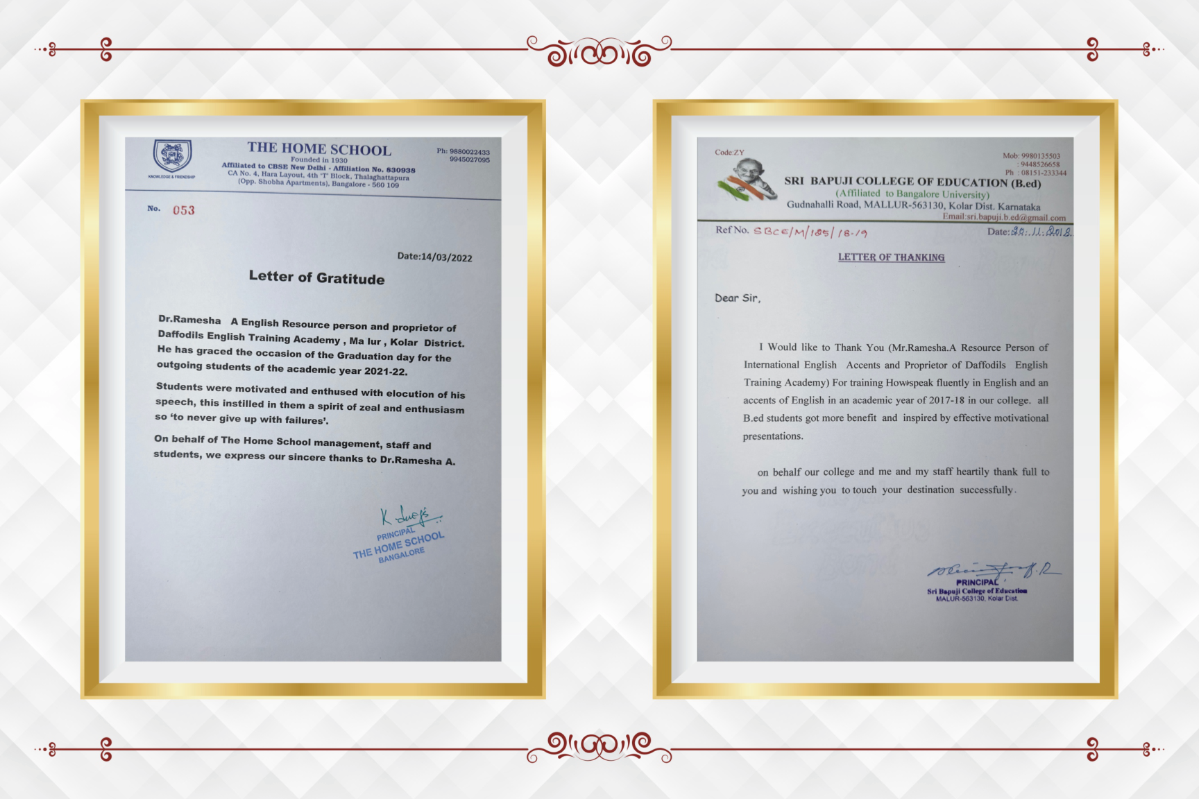 Letter of gratitude from The Home School Bangalore and thanks from Sri Bapuji College of Education