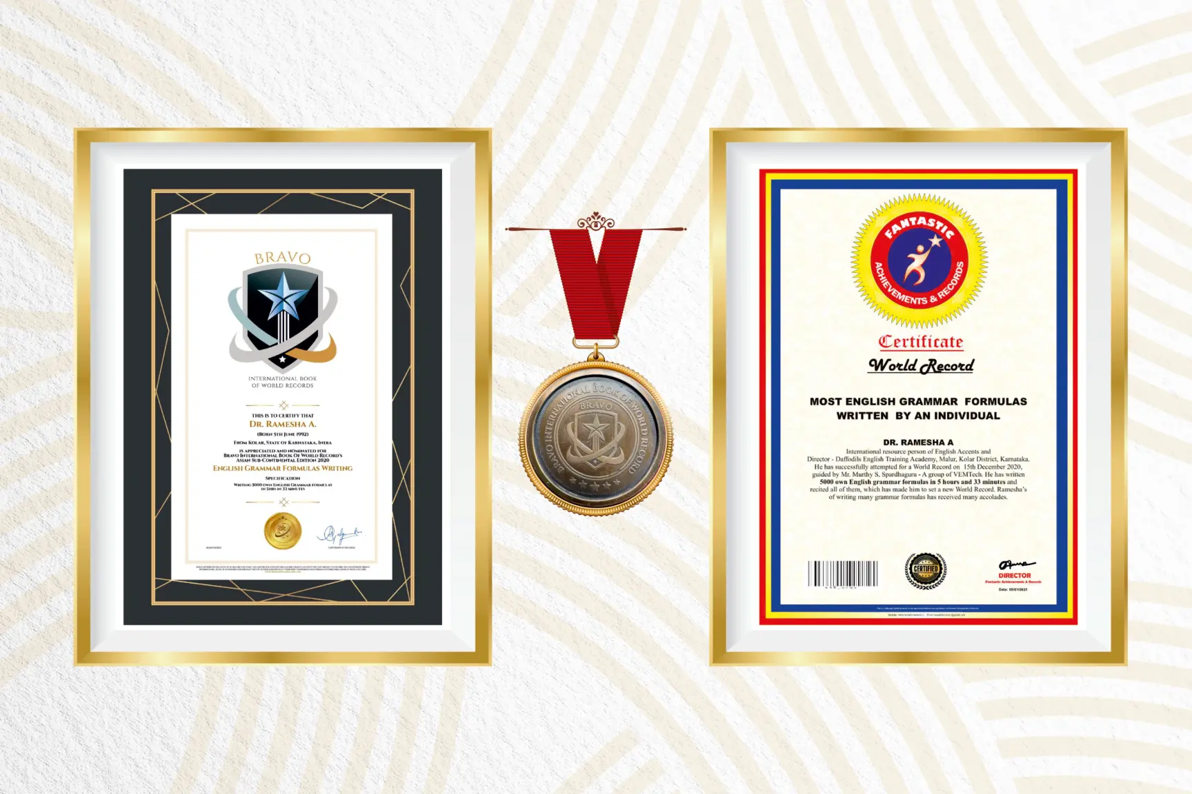 Bravo International Book of World Records and Fantastic Achievements certificates