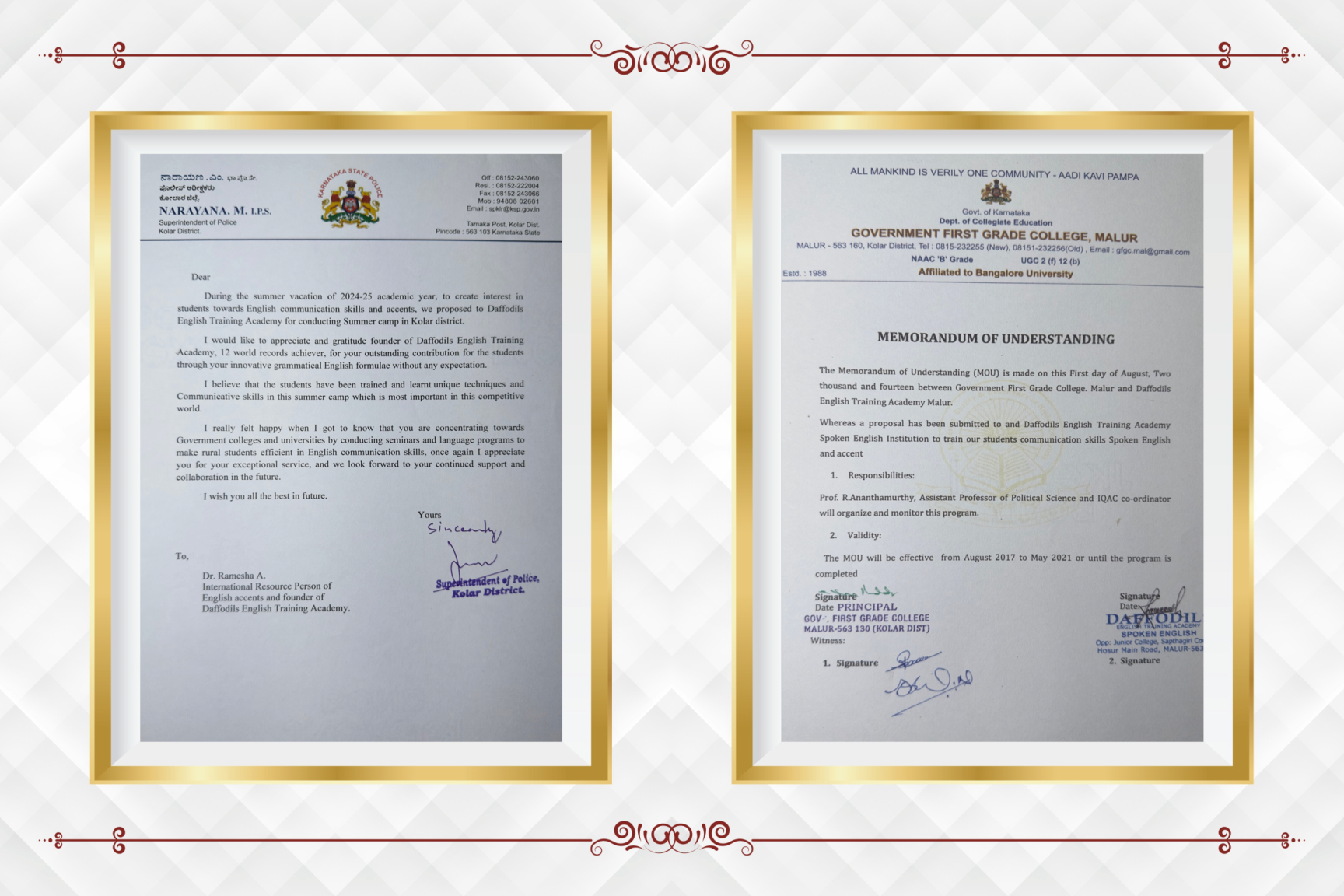 Appreciation from Superintendent of Police, Kolar District and MoU with Government First Grade College, Malur